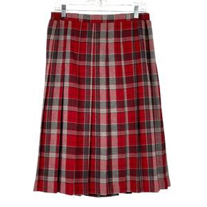 Vintage Red Gray Plaid 50% Wool Midi Pleated Skirt Sz 18 (Looks like 12/14) 90s
